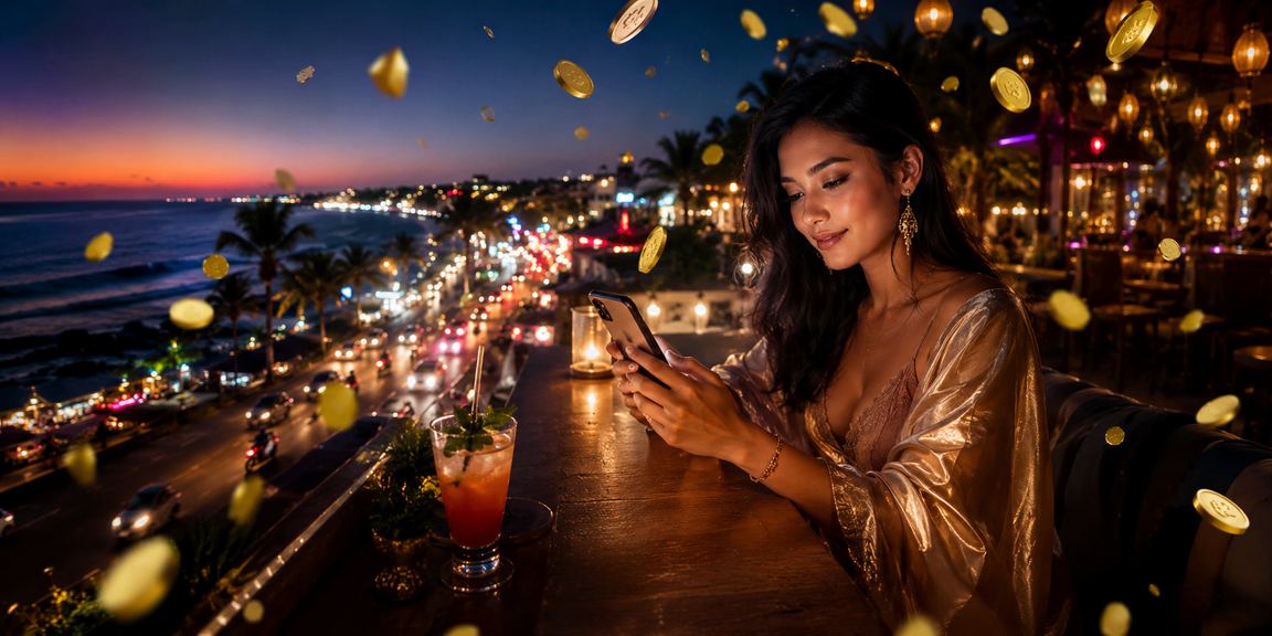 Pengguna bermain mobile casino di tepi pantai dengan smartphone